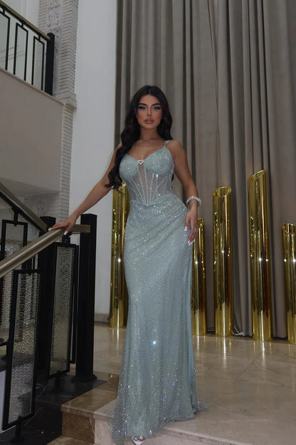 Glamorous Sky Blue Crystal Embellished Mermaid Gown with Lace-Up Back: Prom Dress