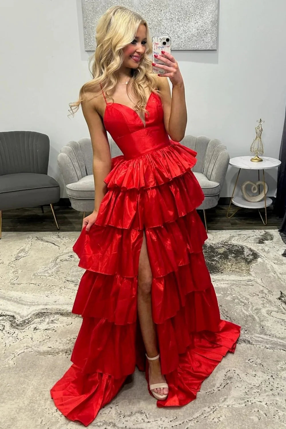 Glamorous Spaghetti Strap Tiered Ruffled Satin Prom Dress with Lace Up Back and High Slit