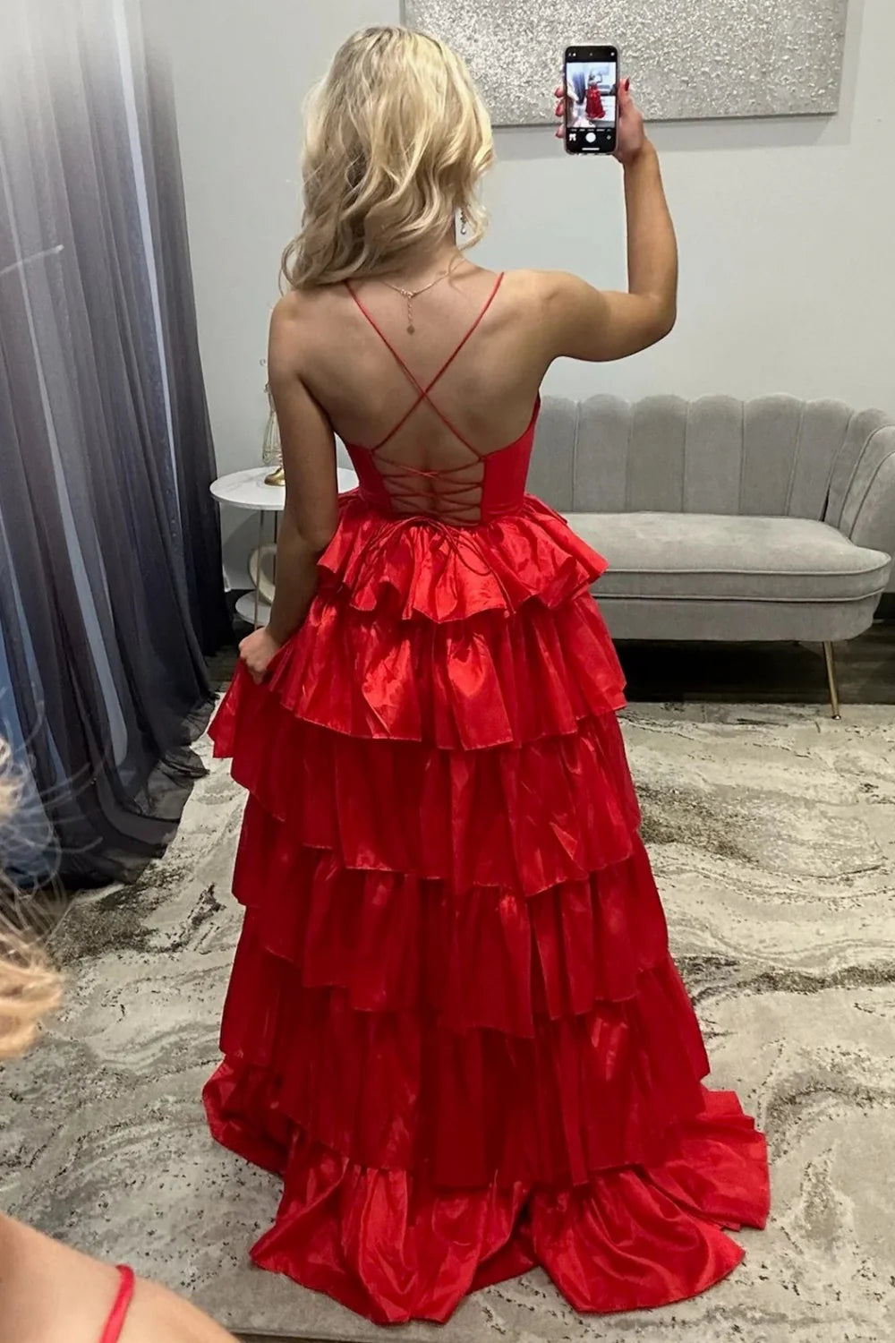Glamorous Spaghetti Strap Tiered Ruffled Satin Prom Dress with Lace Up Back and High Slit
