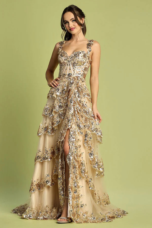 Glamorous Square Neck Red Sequin Floral Embellished Tiered Tulle Gown with Lace-Up Back and Side Slit Prom Dress