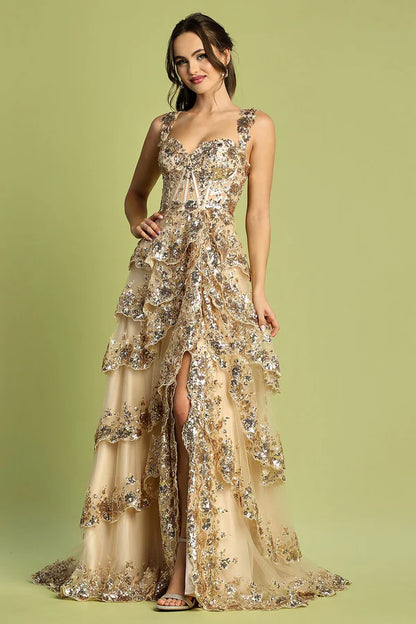 Glamorous Square Neck Red Sequin Floral Embellished Tiered Tulle Gown with Lace-Up Back and Side Slit Prom Dress
