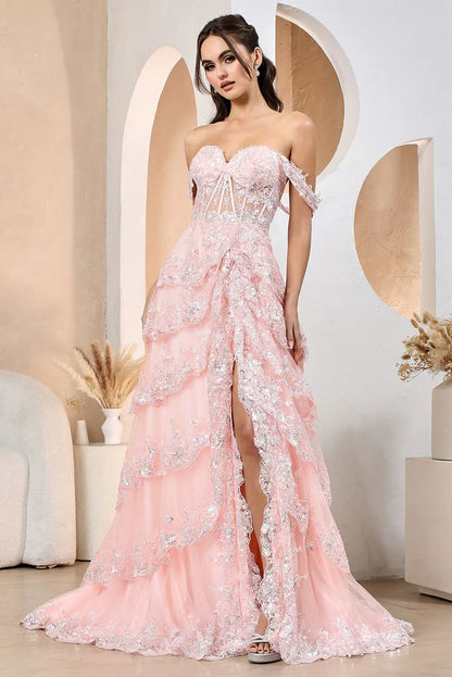 Glamorous Square Neck Red Sequin Floral Embellished Tiered Tulle Gown with Lace-Up Back and Side Slit Prom Dress