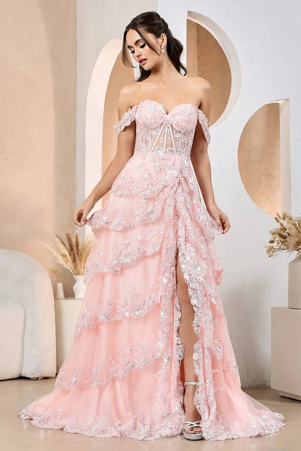 Glamorous Square Neck Red Sequin Floral Embellished Tiered Tulle Gown with Lace-Up Back and Side Slit Prom Dress