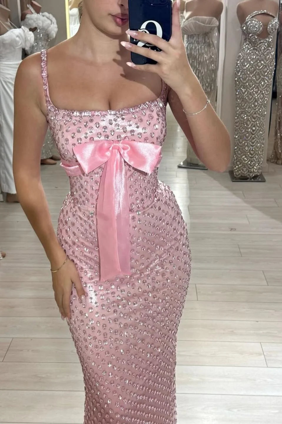 Glamorous Square Neck Spaghetti Strap Beaded Bow Satin Mermaid Maxi Prom Dress