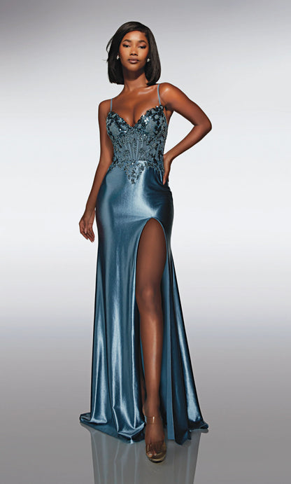 Glamorous Steel Blue Satin Mermaid Gown with Beaded Lace Bodice: Prom Dress