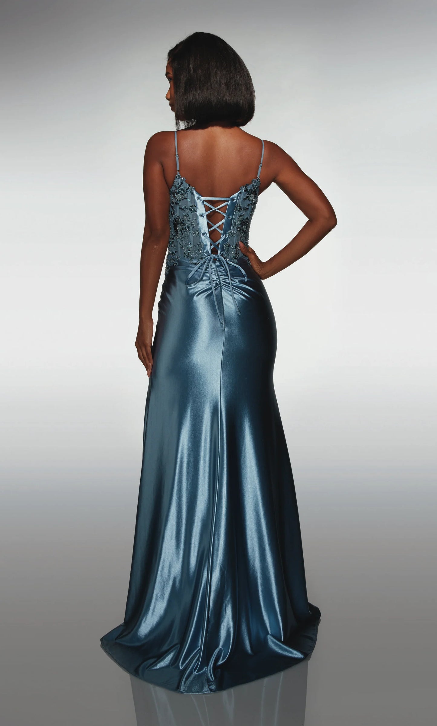 Glamorous Steel Blue Satin Mermaid Gown with Beaded Lace Bodice: Prom Dress