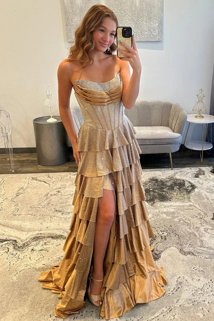 Glamorous Strapless Beaded Corset Tiered Ruffled Satin Prom Dress with Lace Up Back and High Slit