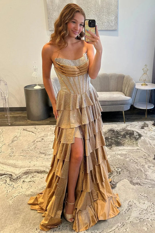 Glamorous Strapless Beaded Corset Tiered Ruffled Satin Prom Dress with Lace Up Back and High Slit