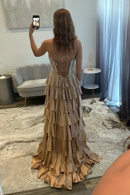 Glamorous Strapless Beaded Corset Tiered Ruffled Satin Prom Dress with Lace Up Back and High Slit