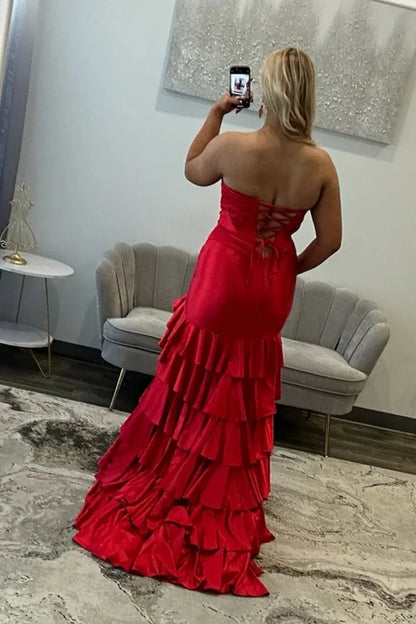 Glamorous Strapless Corset Bodice Ruched Satin Ruffled Mermaid Prom Dress with Lace Up Back and High Slit