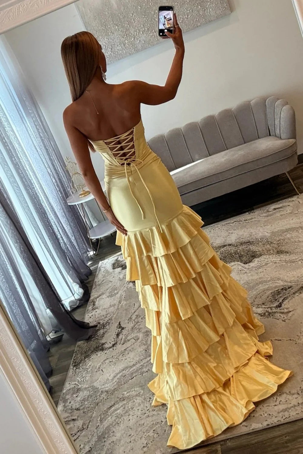 Glamorous Strapless Corset Bodice Ruched Satin Ruffled Mermaid Prom Dress with Lace Up Back and High Slit