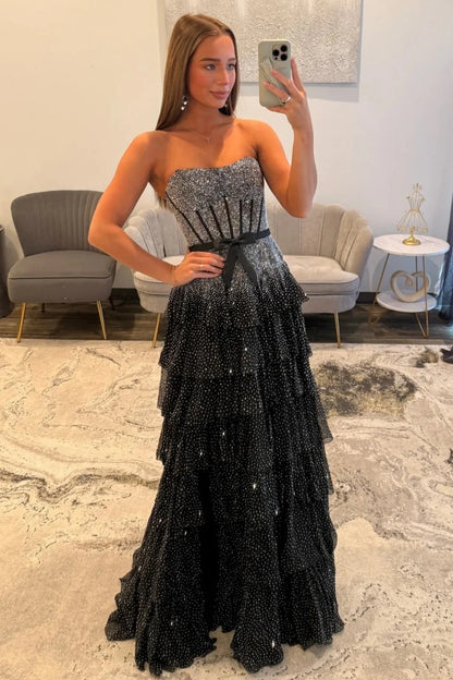 Glamorous Strapless Ombre Beaded Tiered Ruffled Tulle Prom Dress with Bow Waist and Sweep Train