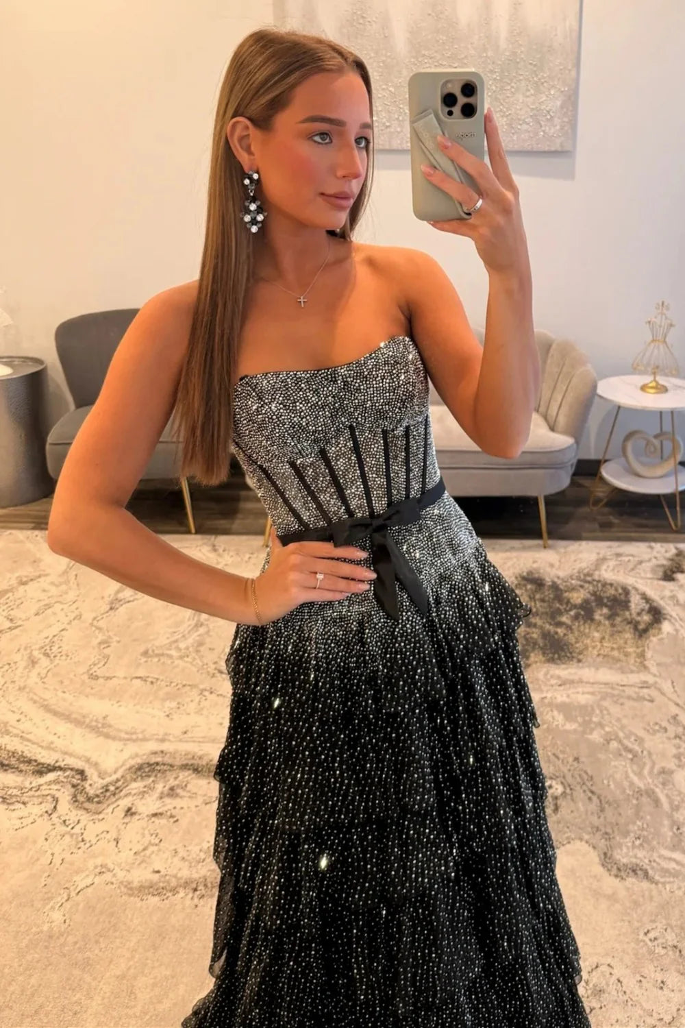Glamorous Strapless Ombre Beaded Tiered Ruffled Tulle Prom Dress with Bow Waist and Sweep Train