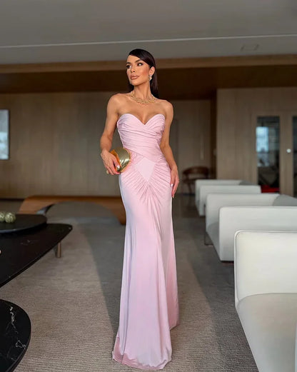 Glamorous Strapless Sweetheart Ruched Backless Satin Mermaid Maxi Prom Dress