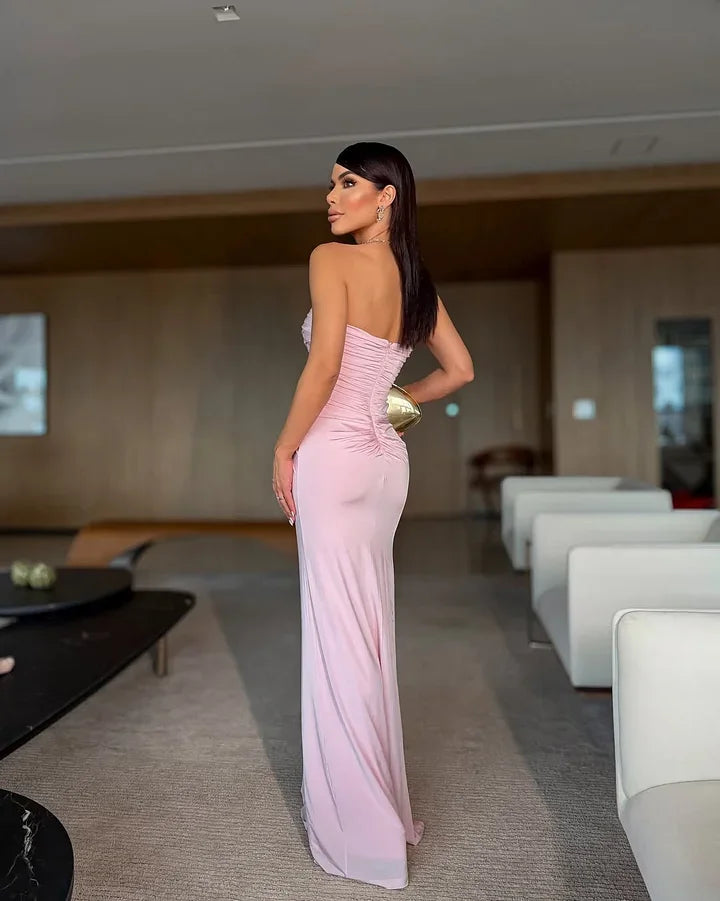 Glamorous Strapless Sweetheart Ruched Backless Satin Mermaid Maxi Prom Dress