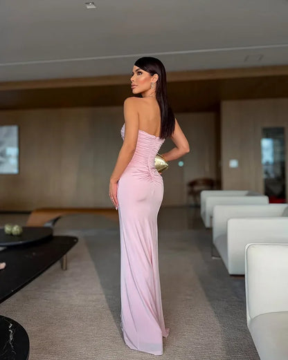 Glamorous Strapless Sweetheart Ruched Backless Satin Mermaid Maxi Prom Dress