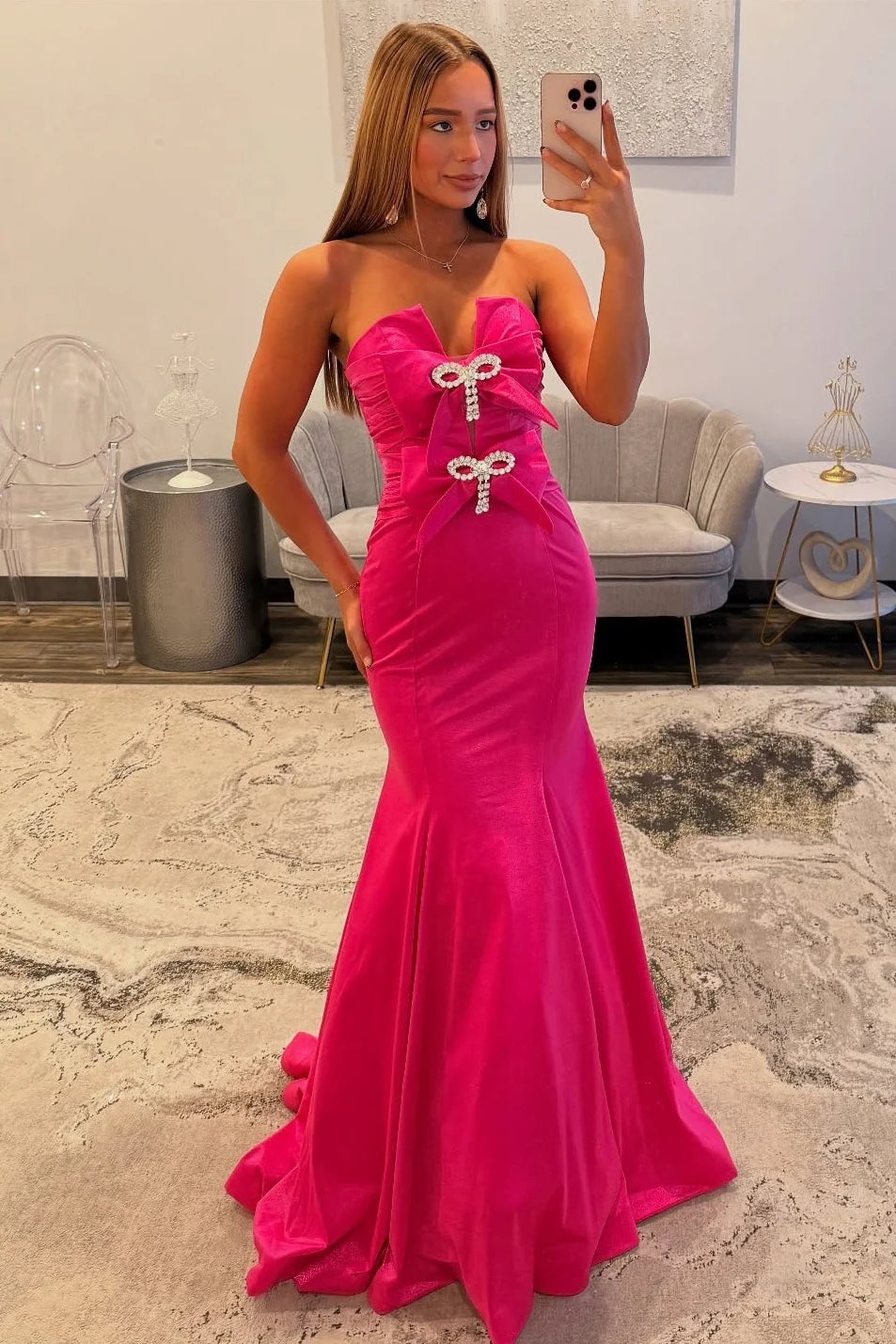 Glamorous Strapless Velvet Bow Embellished Mermaid Prom Dress with Sweep Train