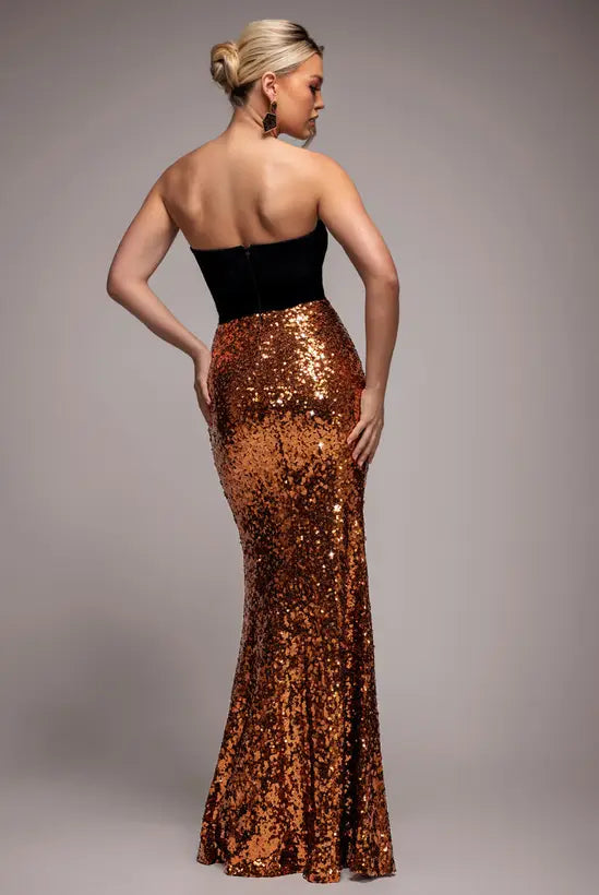 Glamorous Two-Tone Black Velvet and Copper Sequin Strapless Sweetheart Mermaid Gown, Prom Dress