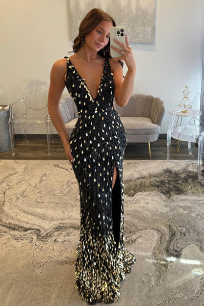 Glamorous V-Neck Black Gold Teardrop Sequin Embellished Form-Fitting Gown with Open Back and Side Slit Prom Dress