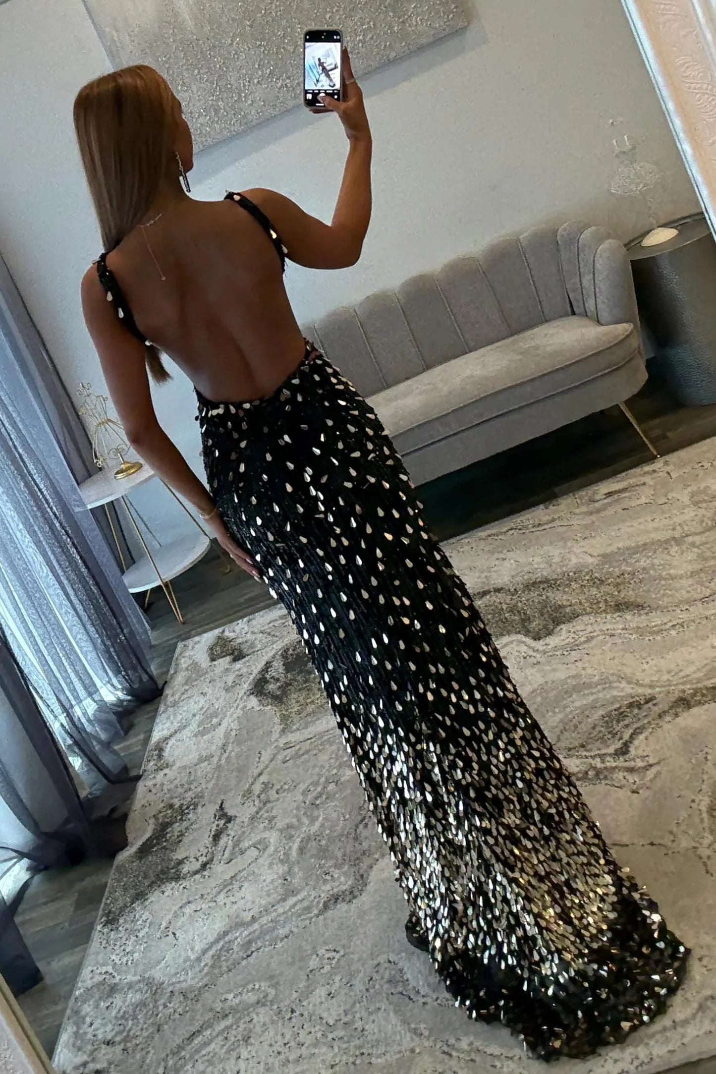 Glamorous V-Neck Black Gold Teardrop Sequin Embellished Form-Fitting Gown with Open Back and Side Slit Prom Dress
