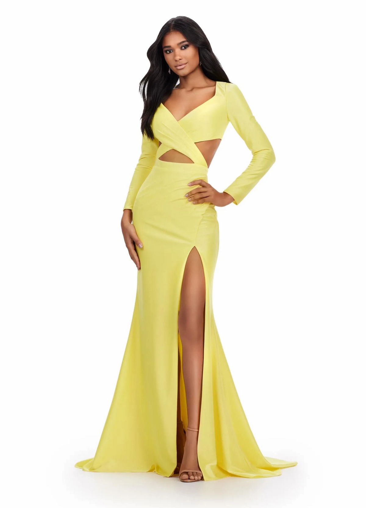 Glamorous Yellow Sheath V-Neck Long-Sleeve Cutout-Back Floor-Length Prom Dress