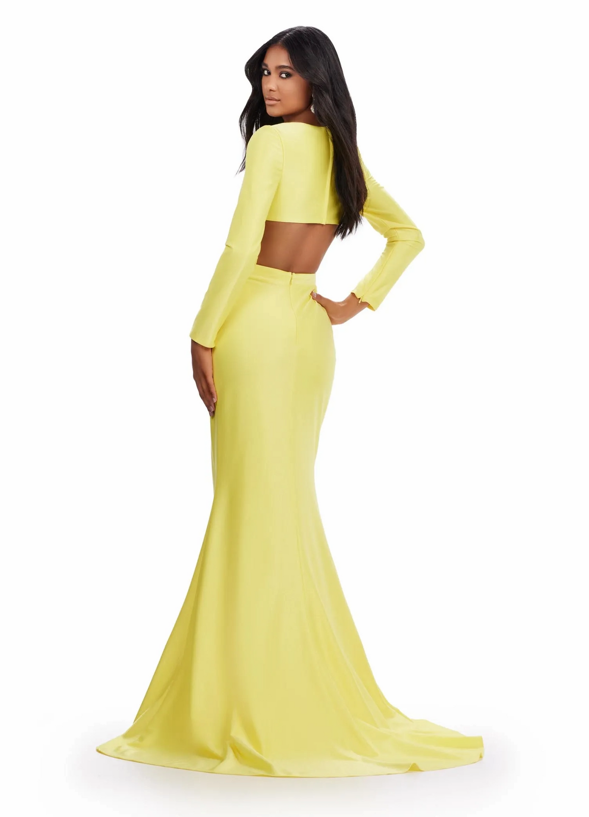 Glamorous Yellow Sheath V-Neck Long-Sleeve Cutout-Back Floor-Length Prom Dress