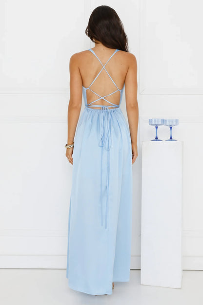 Glamorous A-Line Cowl Neck Sleeveless Backless Light Blue Floor-Length Prom Dress