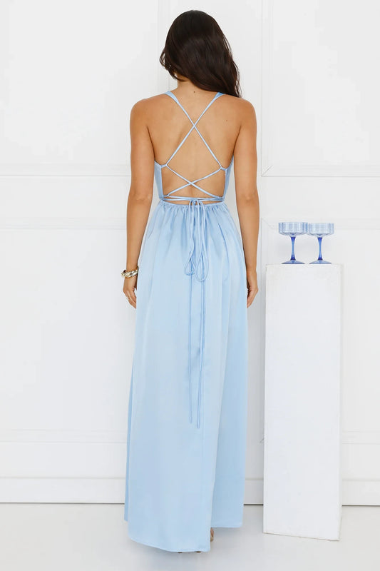 Glamorous A-Line Cowl Neck Sleeveless Backless Light Blue Floor-Length Prom Dress