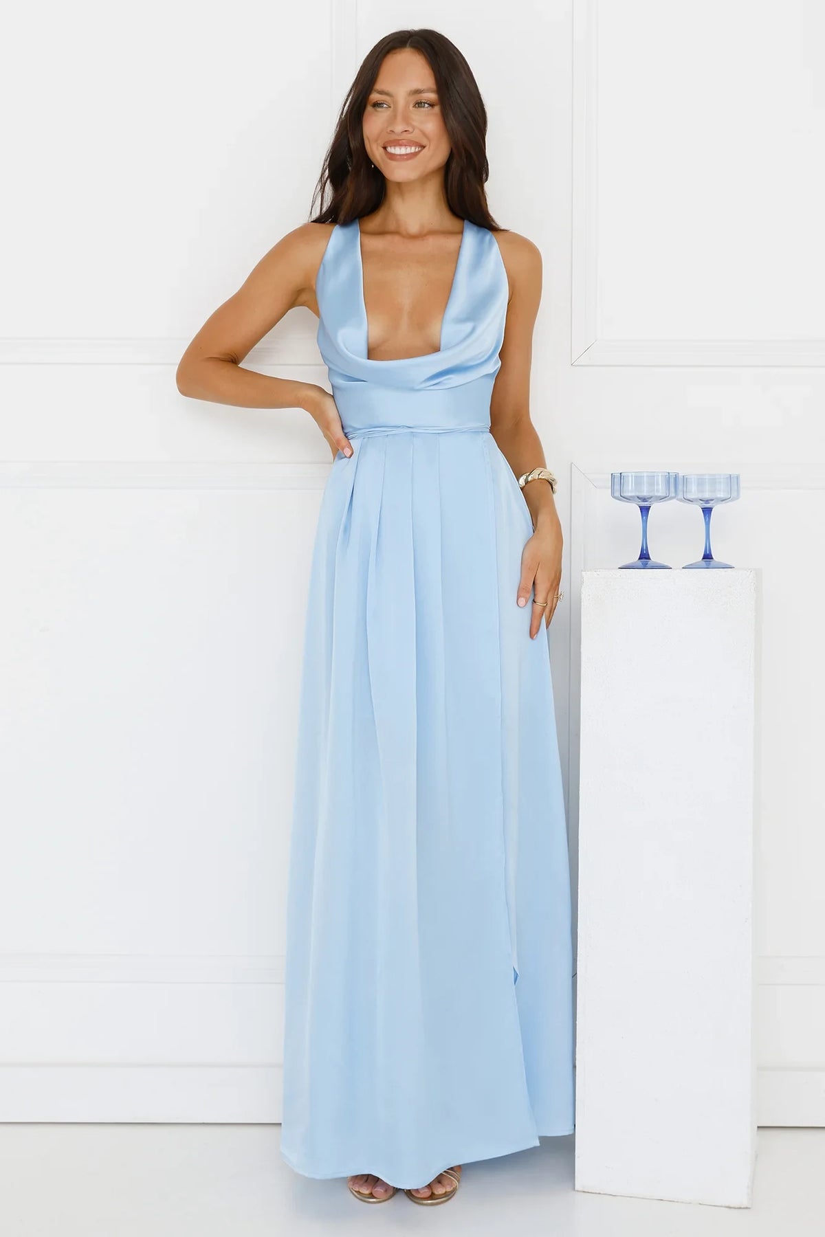 Glamorous A-Line Cowl Neck Sleeveless Backless Light Blue Floor-Length Prom Dress