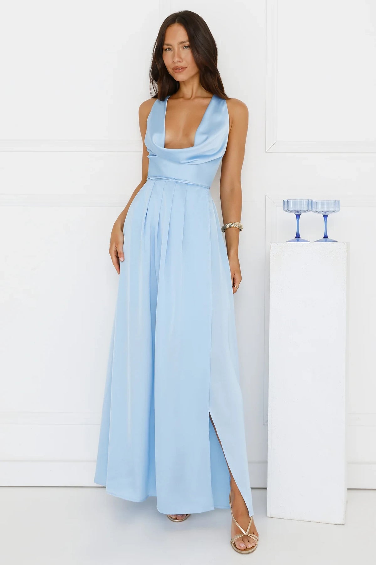 Glamorous A-Line Cowl Neck Sleeveless Backless Light Blue Floor-Length Prom Dress