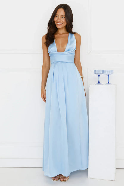Glamorous A-Line Cowl Neck Sleeveless Backless Light Blue Floor-Length Prom Dress