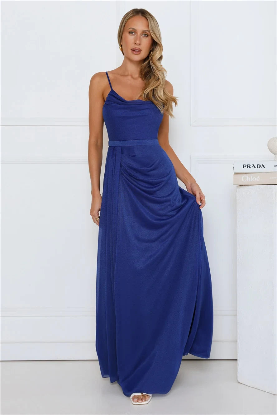 Glamorous A-Line Cowl Neck Sleeveless Draped Slit Royal Blue Maxi Prom Dress