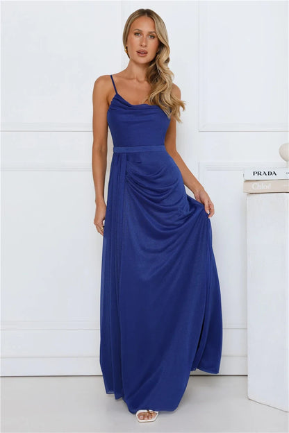 Glamorous A-Line Cowl Neck Sleeveless Draped Slit Royal Blue Maxi Prom Dress