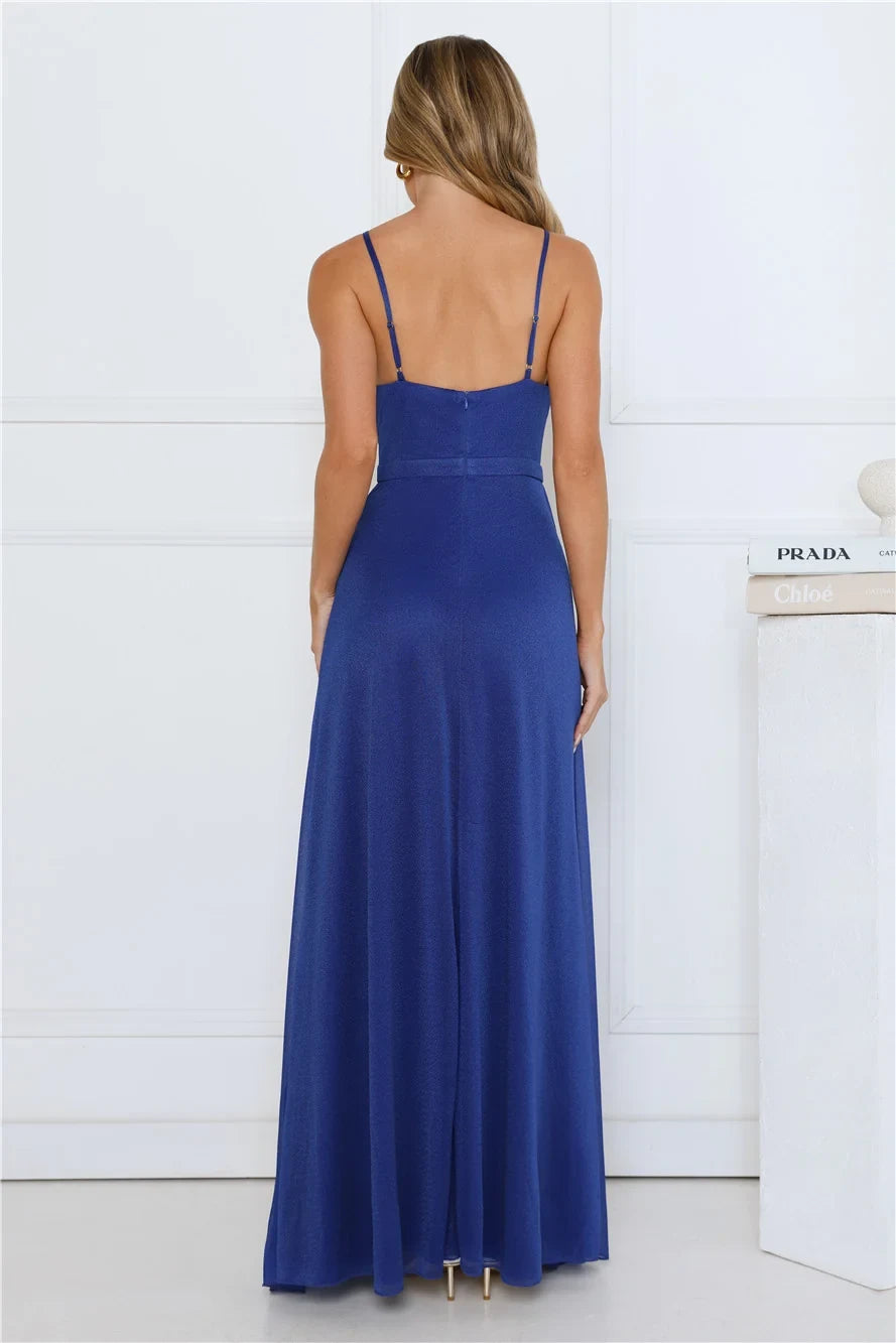 Glamorous A-Line Cowl Neck Sleeveless Draped Slit Royal Blue Maxi Prom Dress