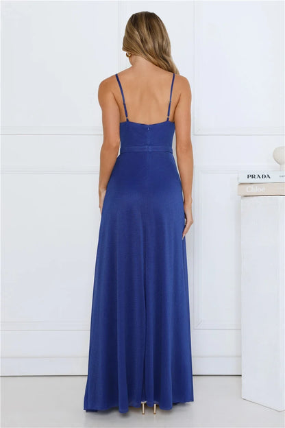 Glamorous A-Line Cowl Neck Sleeveless Draped Slit Royal Blue Maxi Prom Dress