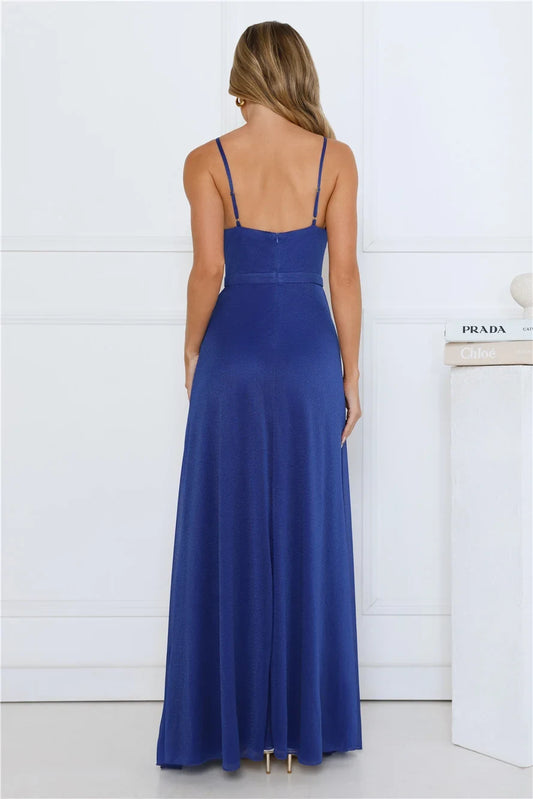 Glamorous A-Line Cowl Neck Sleeveless Draped Slit Royal Blue Maxi Prom Dress