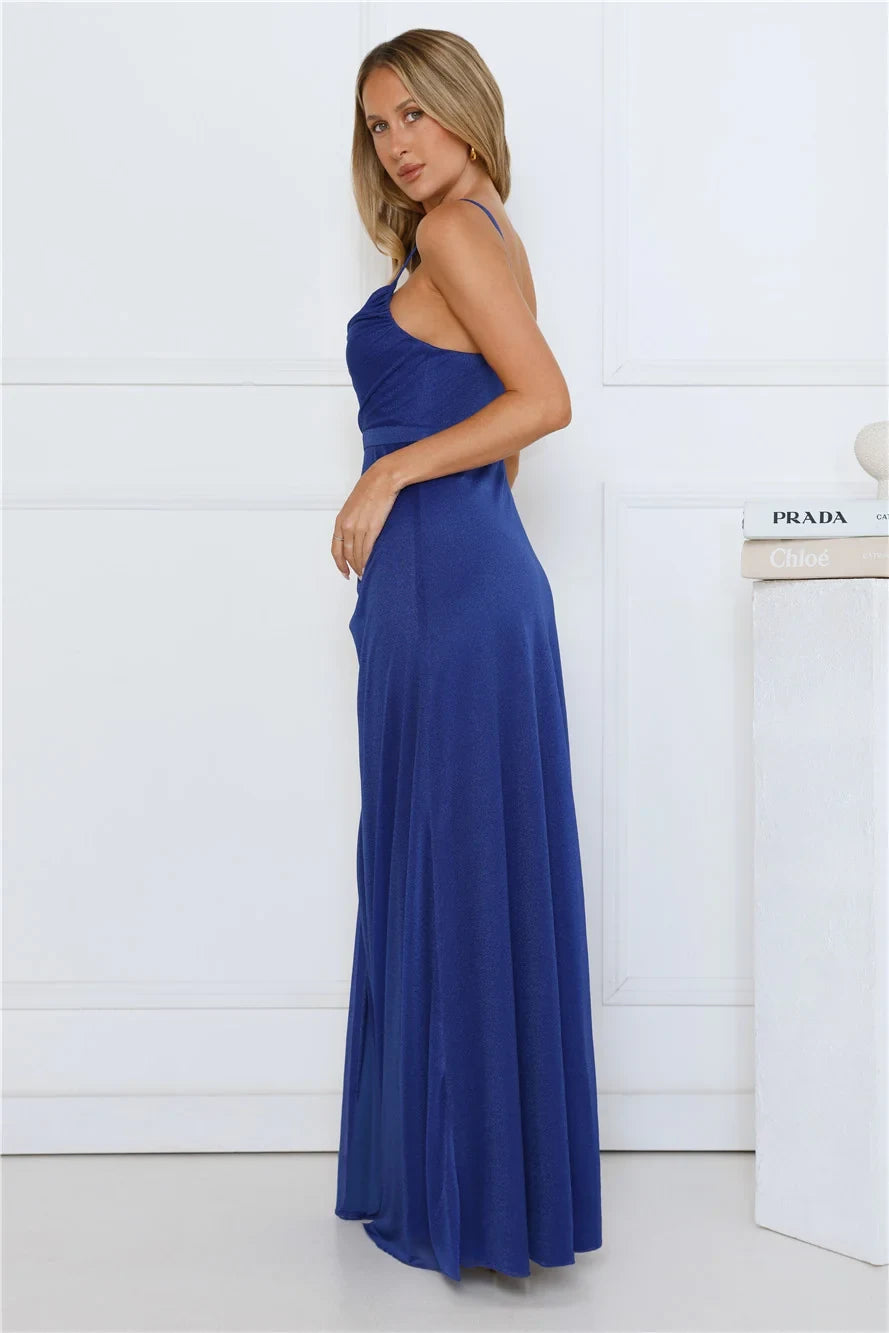 Glamorous A-Line Cowl Neck Sleeveless Draped Slit Royal Blue Maxi Prom Dress