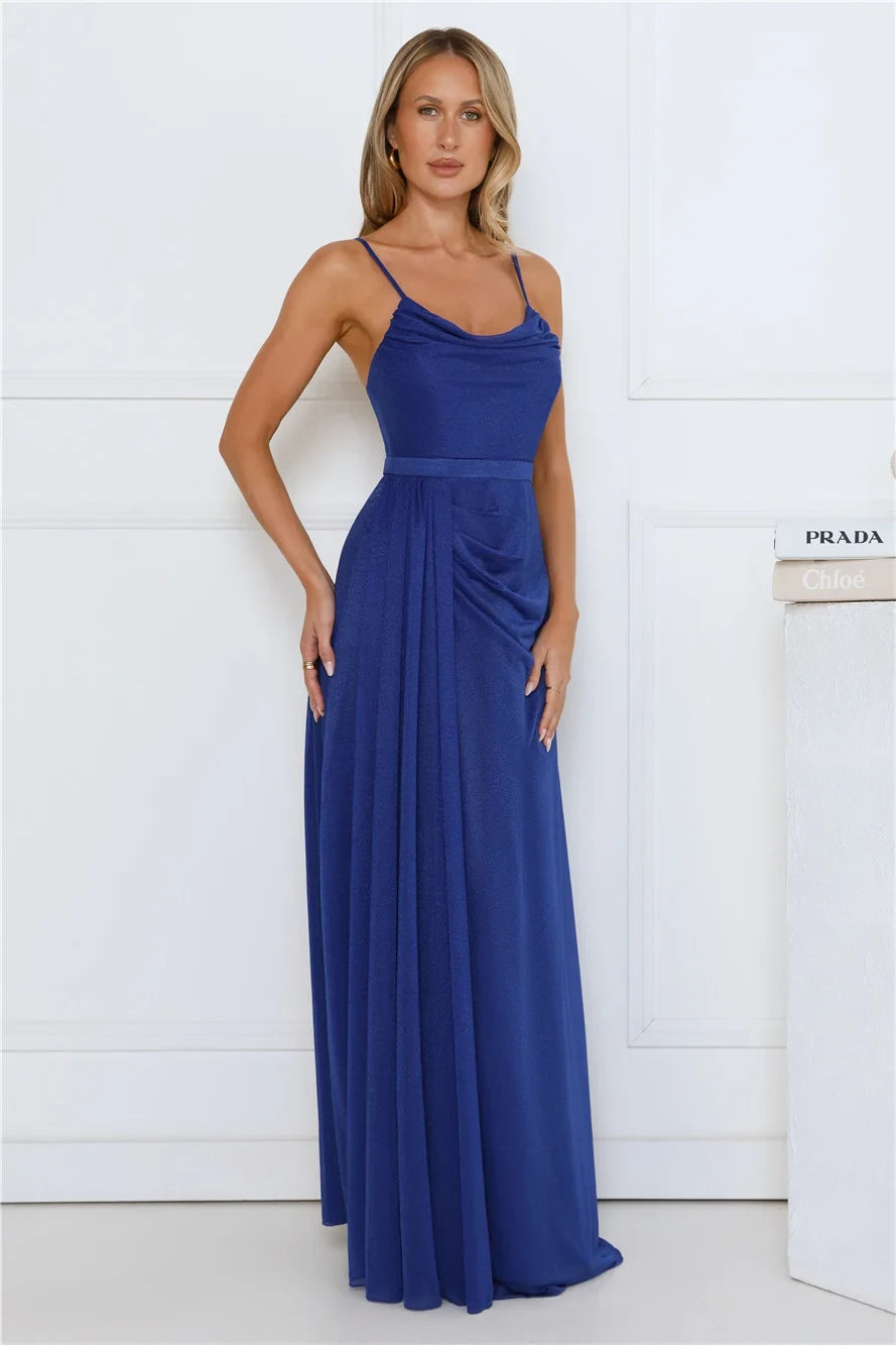 Glamorous A-Line Cowl Neck Sleeveless Draped Slit Royal Blue Maxi Prom Dress