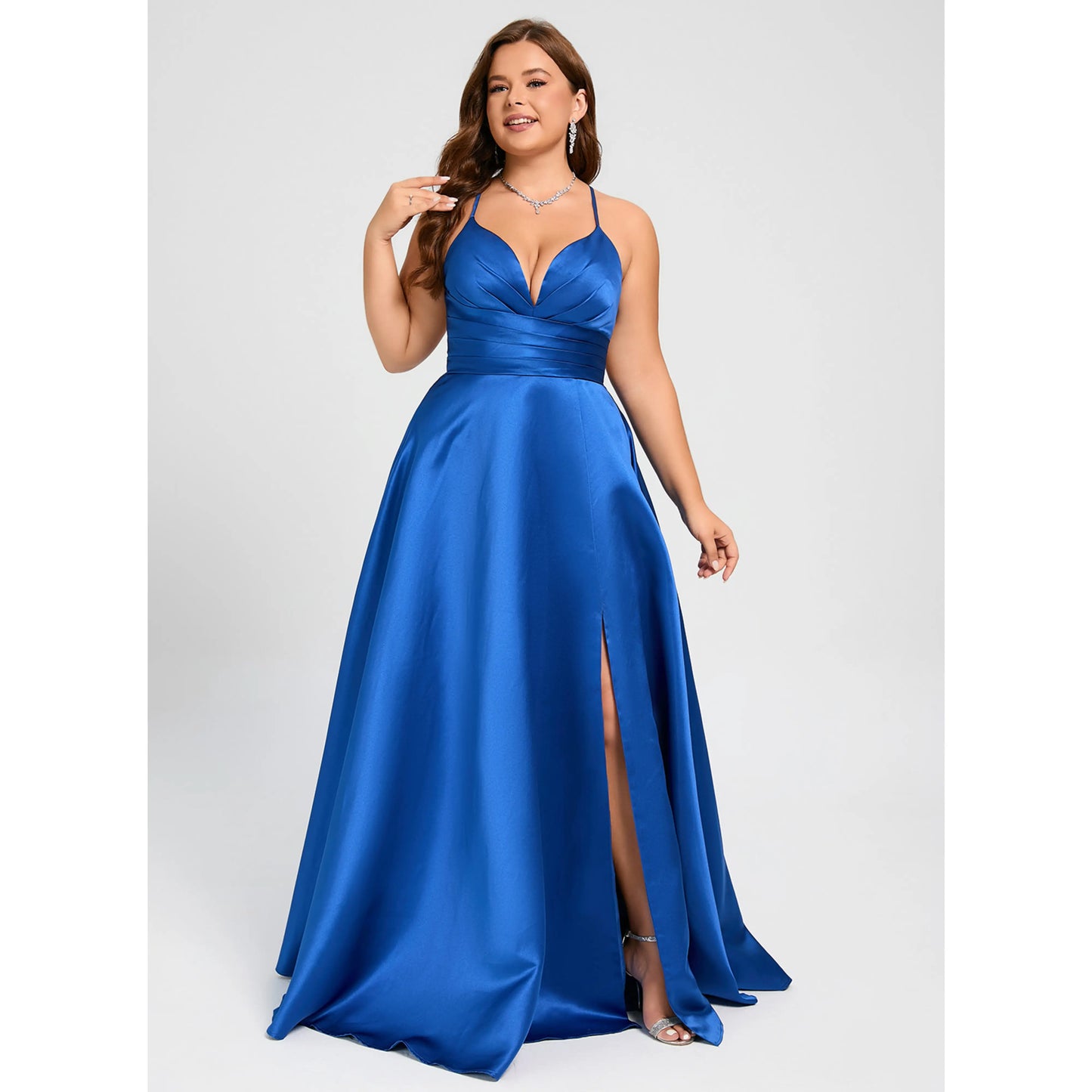 Glamorous A-Line Deep V-Neck Sleeveless Royal Blue Slit Prom Dress For Women