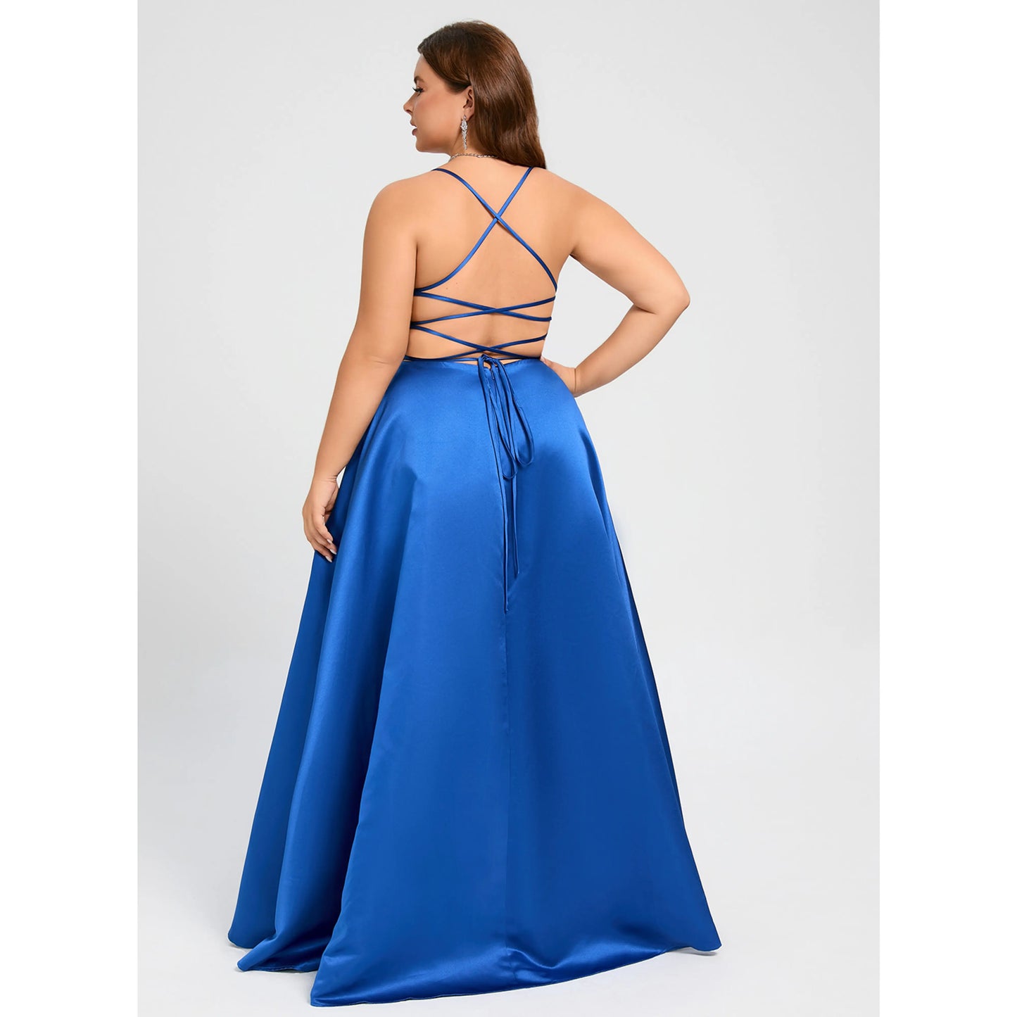 Glamorous A-Line Deep V-Neck Sleeveless Royal Blue Slit Prom Dress For Women