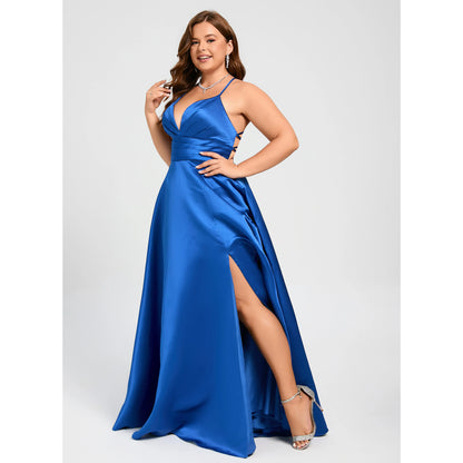 Glamorous A-Line Deep V-Neck Sleeveless Royal Blue Slit Prom Dress For Women