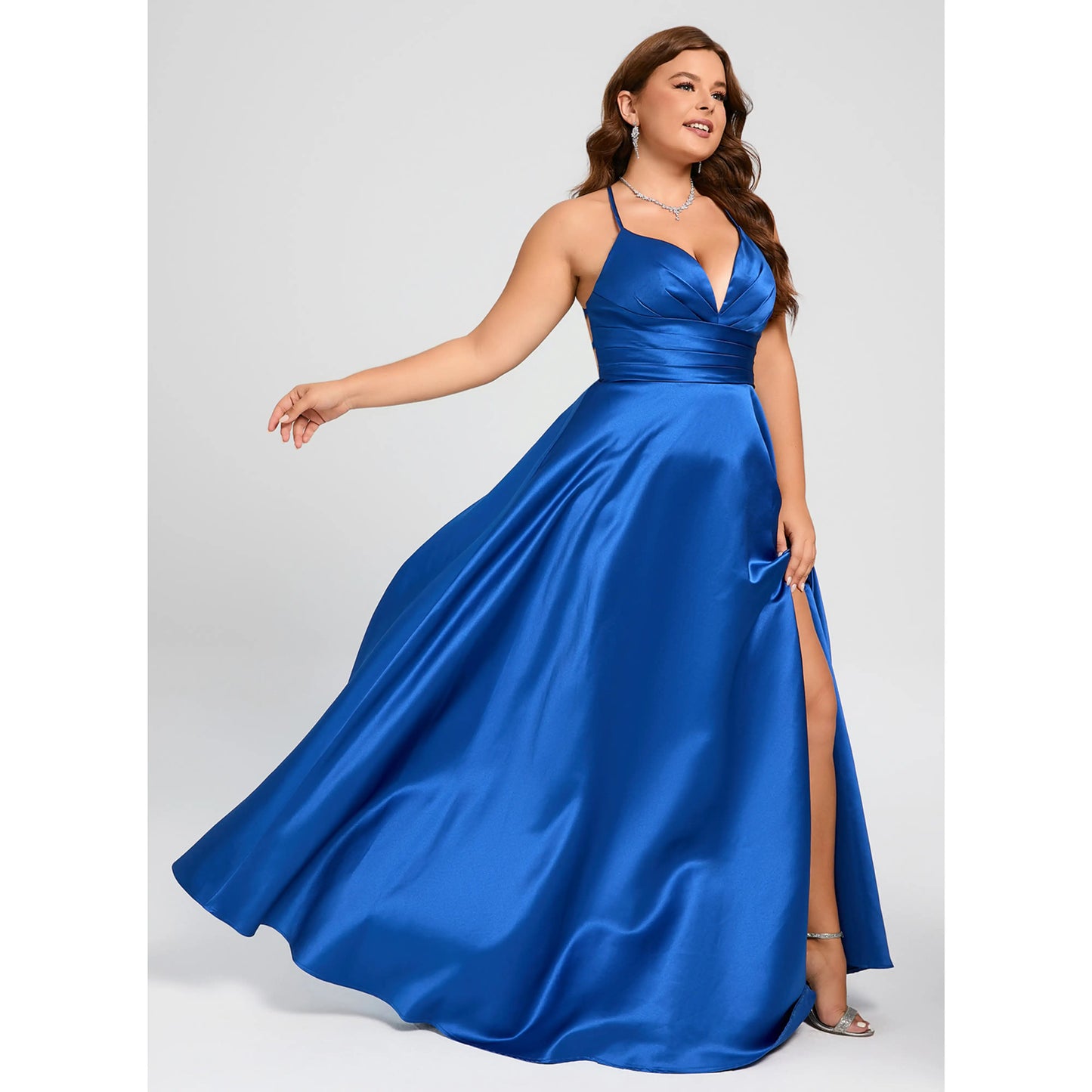 Glamorous A-Line Deep V-Neck Sleeveless Royal Blue Slit Prom Dress For Women