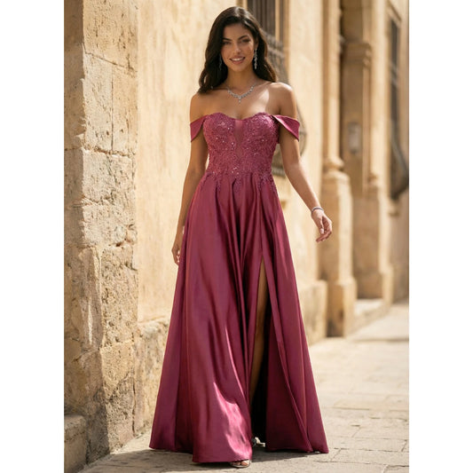 Glamorous A-Line Off-Shoulder Beaded Slit Burgundy Floor-Length Prom Gown