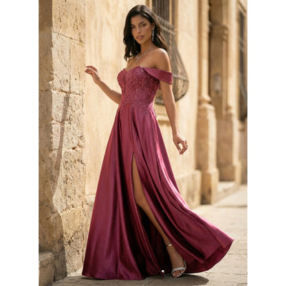 Glamorous A-Line Off-Shoulder Beaded Slit Burgundy Floor-Length Prom Gown