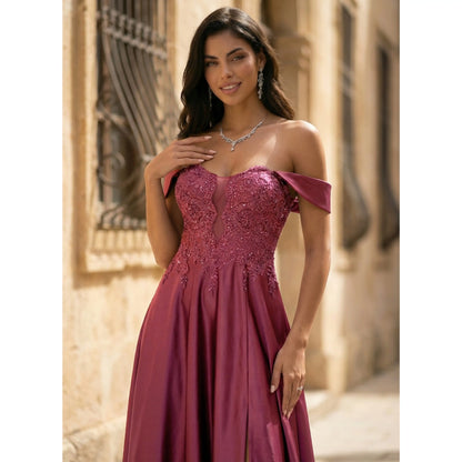 Glamorous A-Line Off-Shoulder Beaded Slit Burgundy Floor-Length Prom Gown