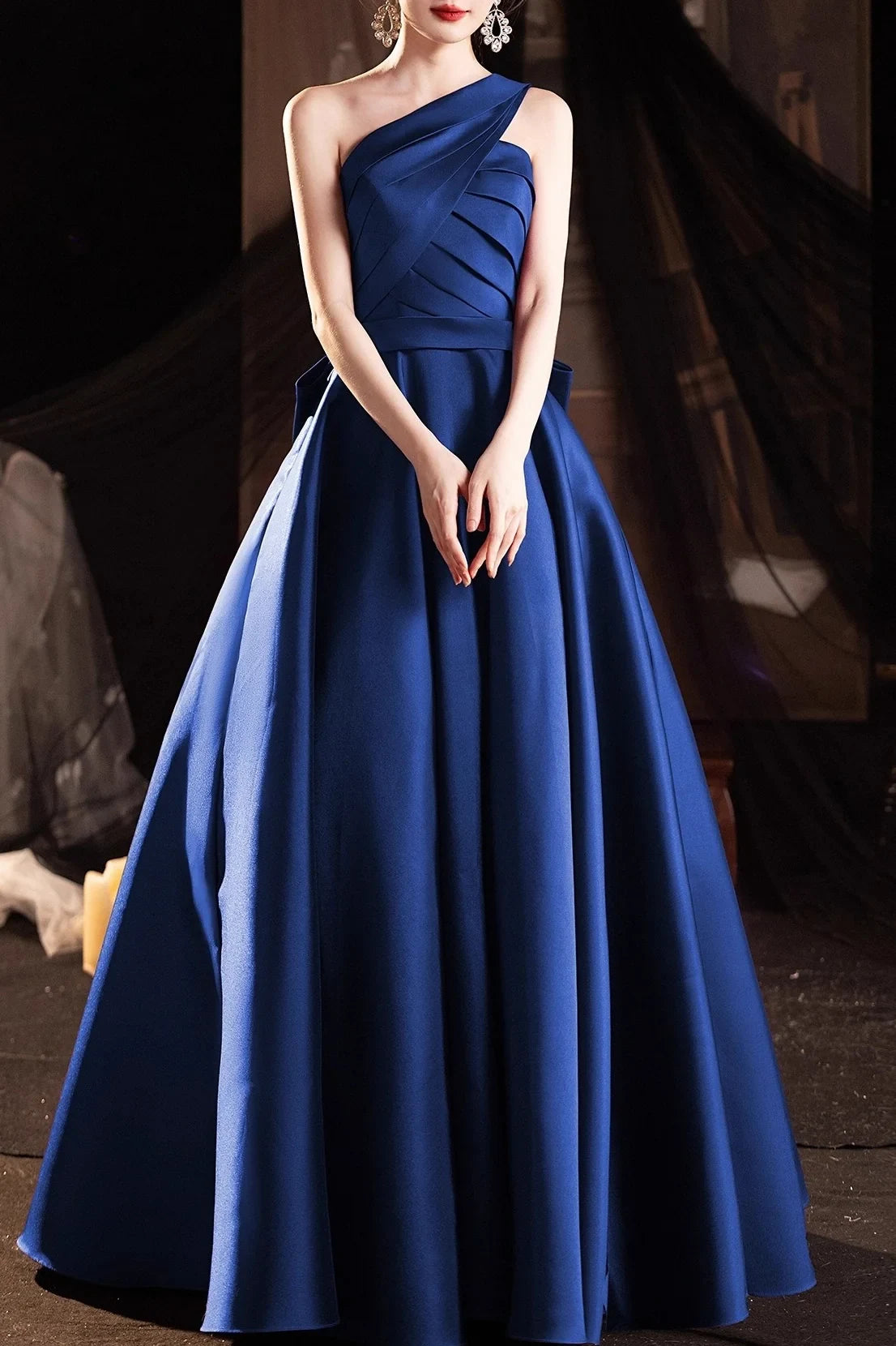 Glamorous A-Line One-Shoulder Bow Detail Pleated Royal Blue Floor-Length Prom Dress