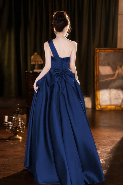 Glamorous A-Line One-Shoulder Bow Detail Pleated Royal Blue Floor-Length Prom Dress