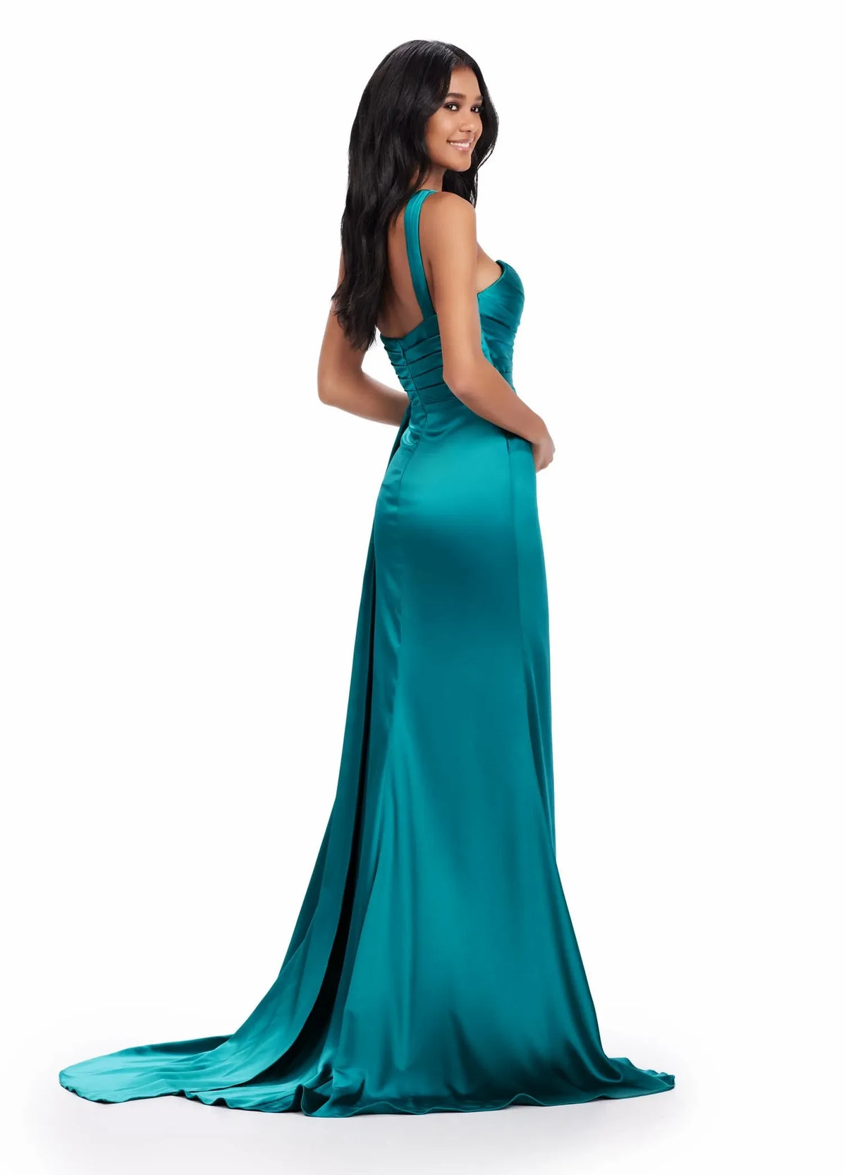 Glamorous A-Line One-Shoulder Ruched High-Slit Teal Floor-Length Evening Dress