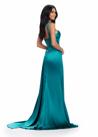 Glamorous A-Line One-Shoulder Ruched High-Slit Teal Floor-Length Evening Dress