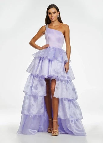 Glamorous A-Line One-Shoulder Sleeveless Beaded Ruffled Lavender High-Low Evening Dress Women's